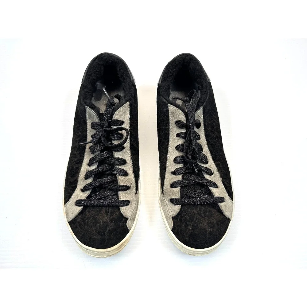 P448 John Leopard Faux Fur Lined Sneakers Women 39 US 8.5-9 Lace-up‎ Low Top